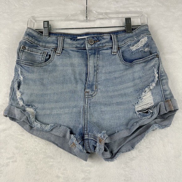 eunina Pants - Eunina Womens Size M Kara Super High Rise Raw Hem Blue Jean High Low Roll Shorts